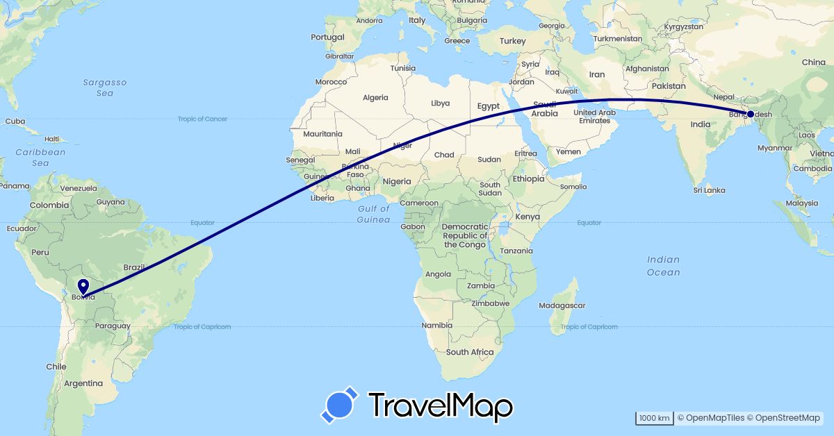 TravelMap itinerary: driving in Bangladesh, Bolivia (Asia, South America)
